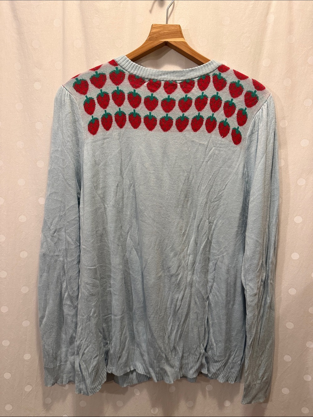 Modcloth Light Blue Cardigan with Red Strawberry Yoke - Picture 3 of 5